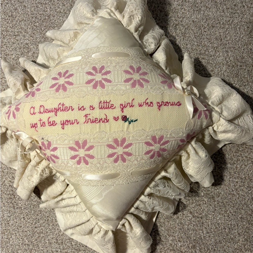 Embroidered Cream and Pink Decorative Pillow